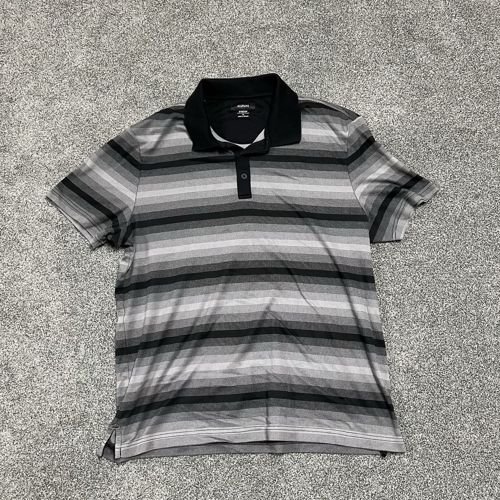 Alfani Stretch Polo Shirt Mens XL Black Gray Striped Short Sleeve Golf